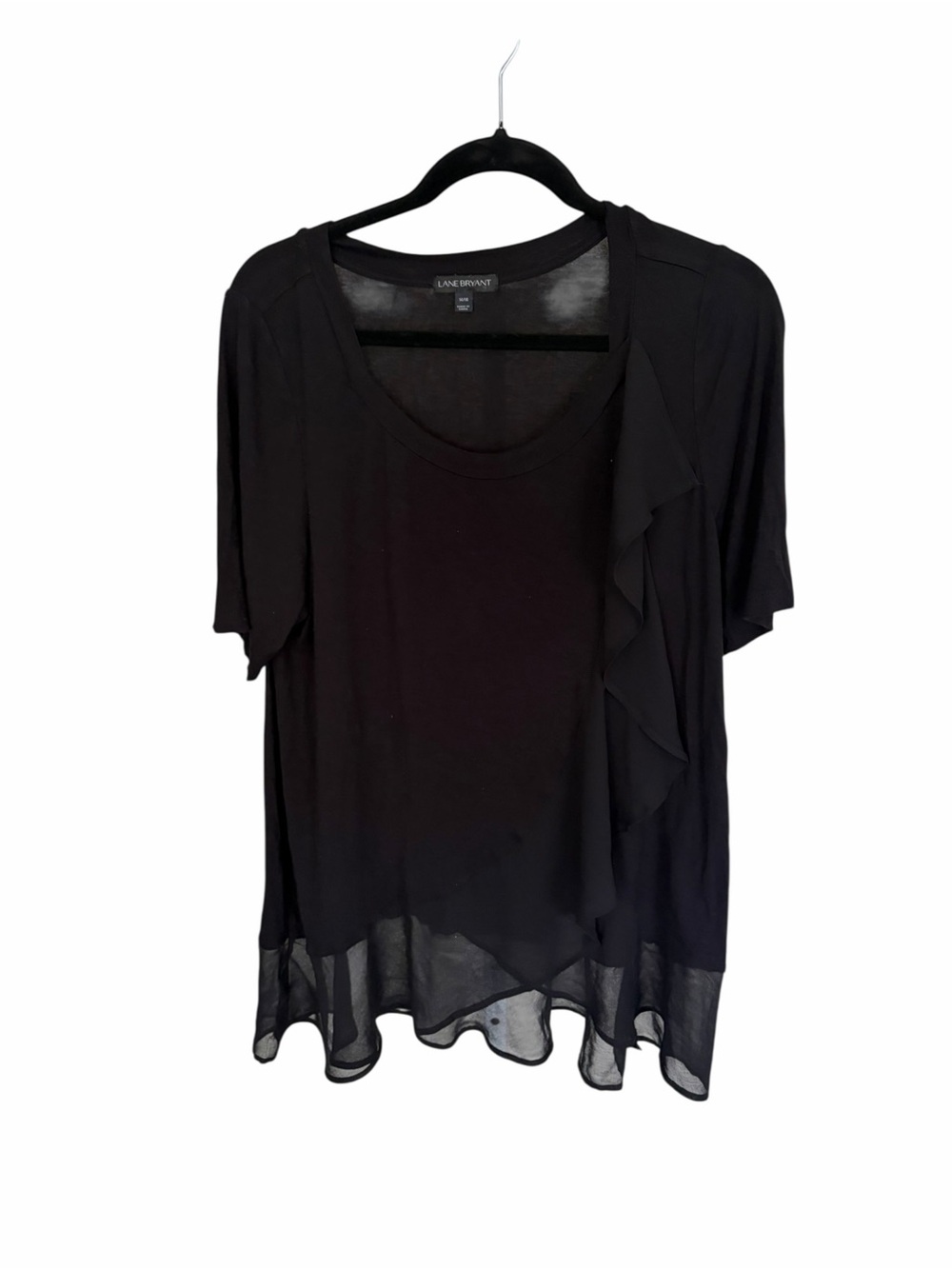 #80 LANE BRYANT  Black Short Sleeve Ruffle-Trim Rayon Top